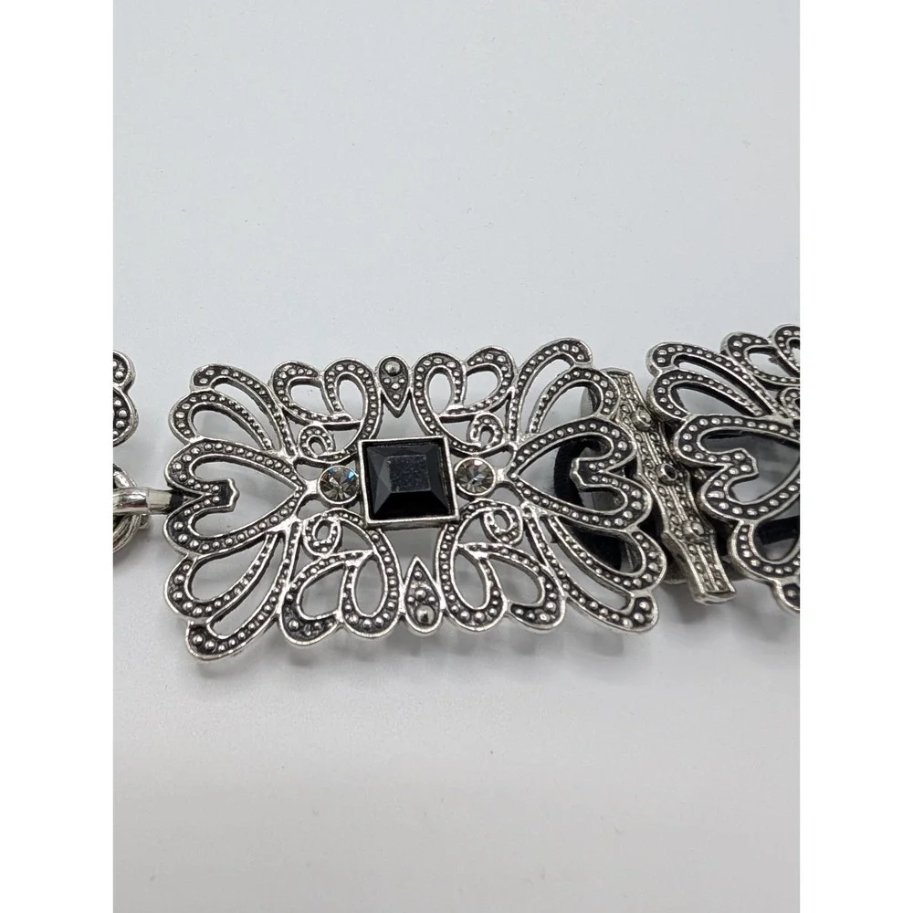 Coldwater Creek Marcasite w/ Black Glass & Rhinestone Buckle Silver Chain Belt